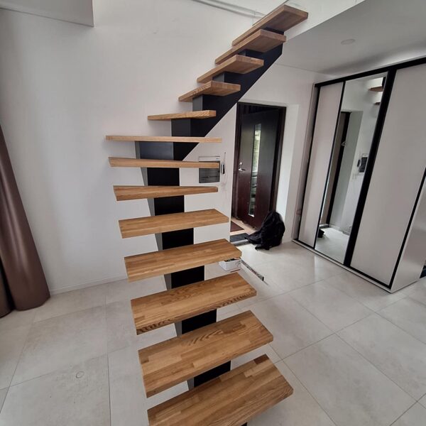 L formos plieninė laiptąsija ir uosio medienos dygiuotos pakopos